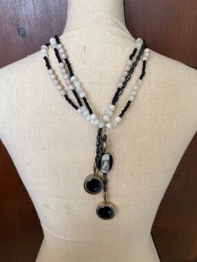 Vintage Black and White Beaded Multi-Strand Necklace with Pendant Drops